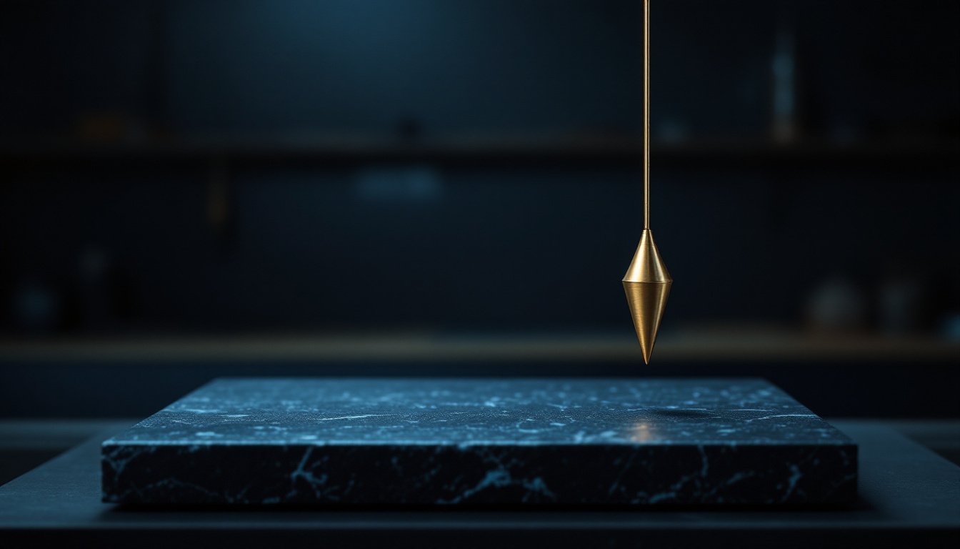 A brass plumb bob hanging perfectly still above a dark granite surface plate in indigo light.