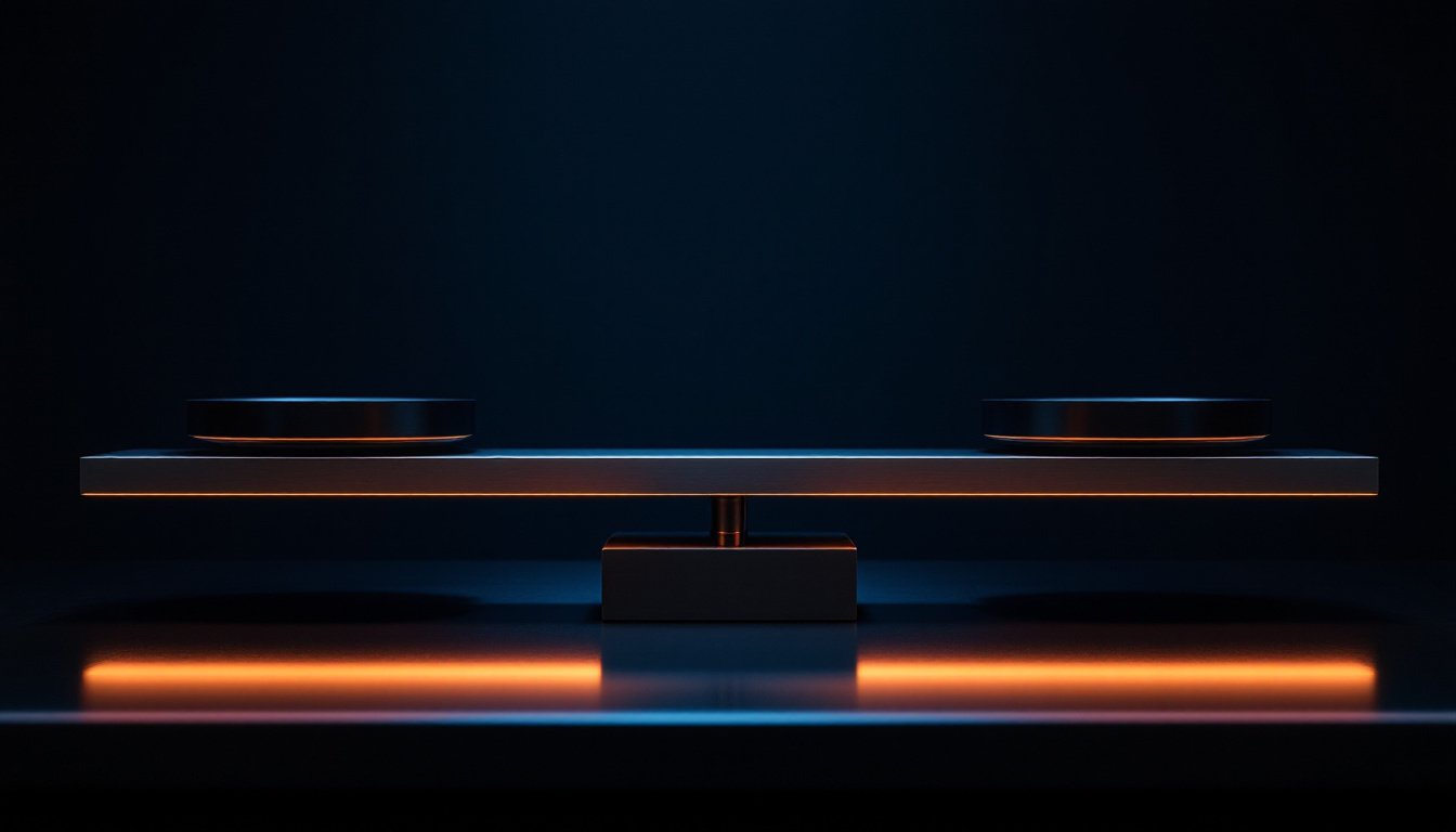 A precision laboratory balance with a brushed-steel beam poised on a knife edge in indigo light.