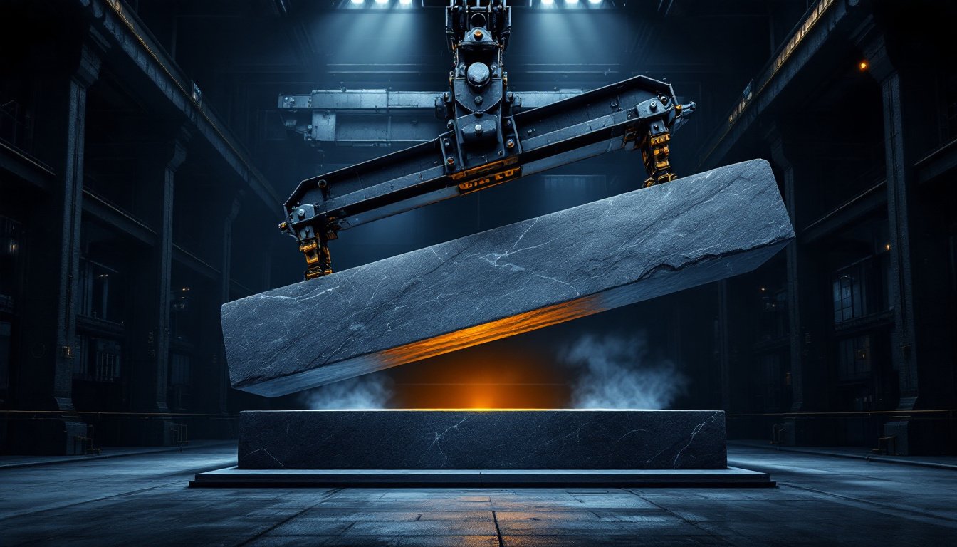 An immense steel lever on a granite fulcrum lifting a stone slab in indigo light.