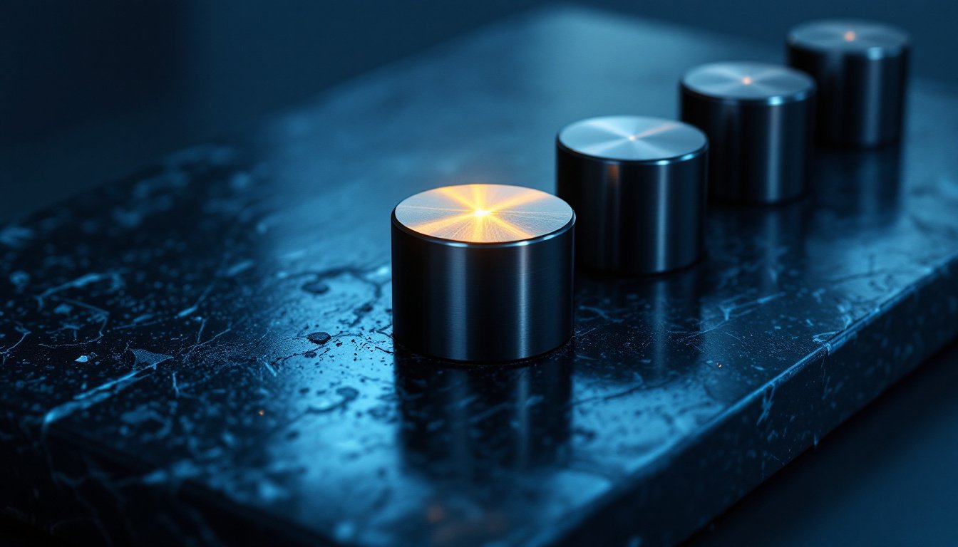 A row of calibrated steel reference weights on a dark granite surface plate in indigo light.