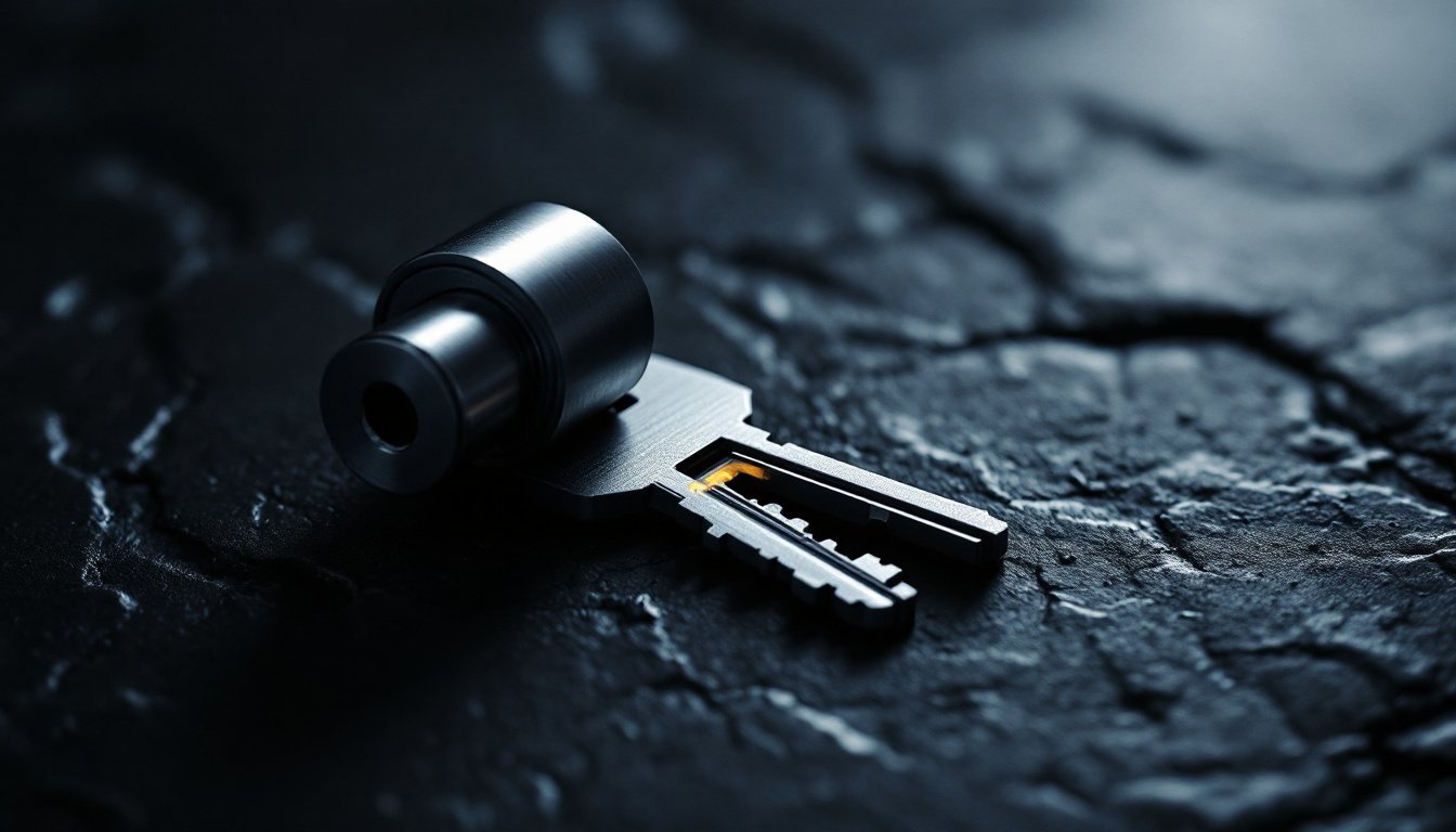 A single machined steel key on dark slate beside its lock cylinder, one amber glint on the cut edge.